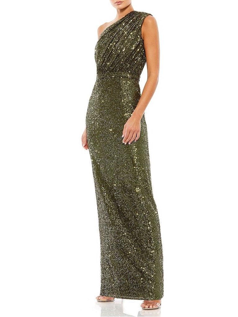 Mac Duggal Olive Sequin One-Shoulder Gown